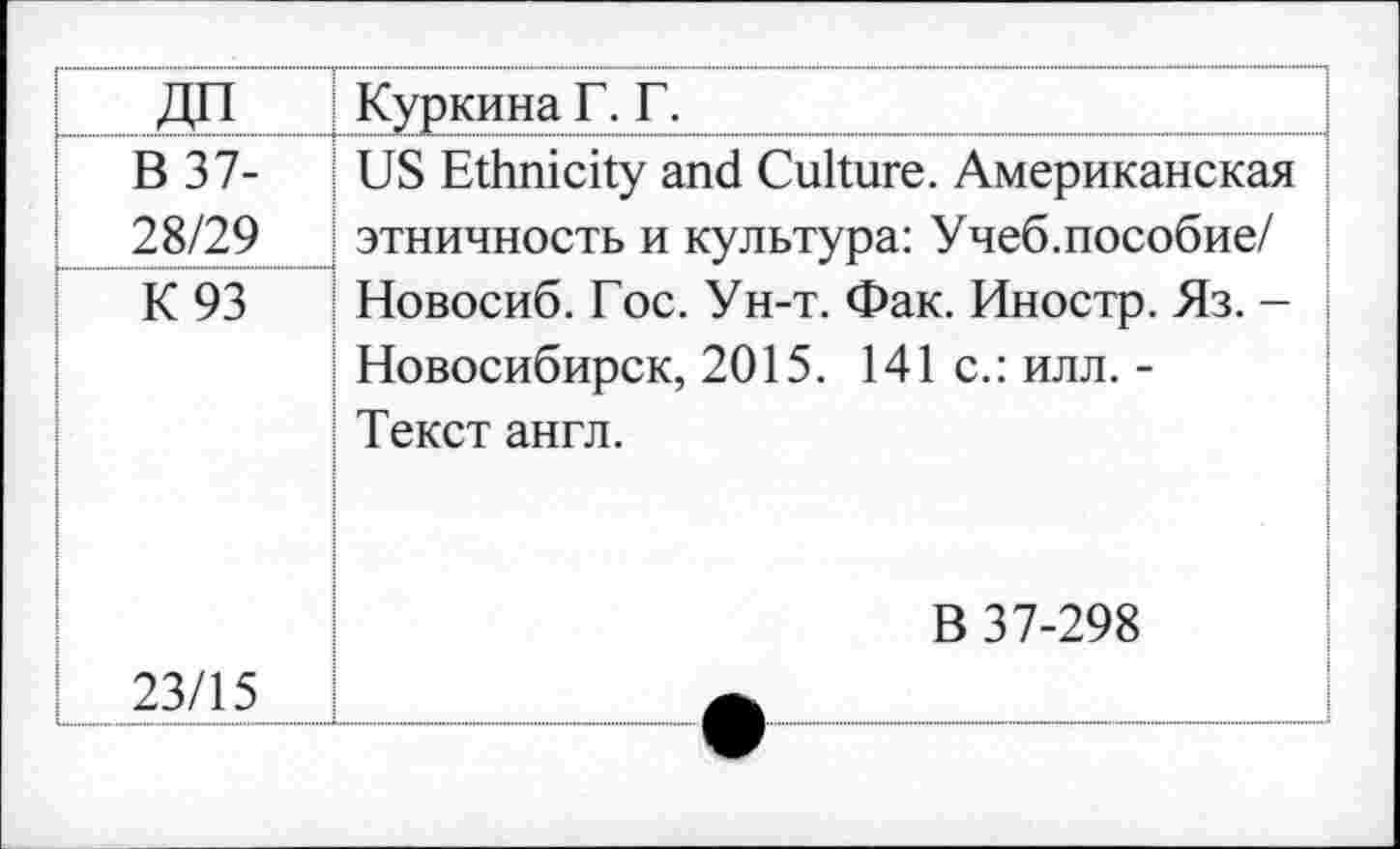 ﻿ДП	Куркина Г. Г.
В 37- 28/29	US Ethnicity and Culture. Американская этничность и культура: Учеб.пособие/ Новосиб. Гос. Ун-т. Фак. Иностр. Яз. -Новосибирск, 2015. 141с.: илл. -Текст англ. В 37-298
К 93 23/15	